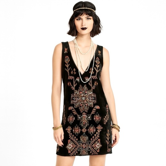 Zara Velvet Dress Black Aztec Beaded Sequin Sleeveless Whimsigoth Mini - Picture 1 of 12